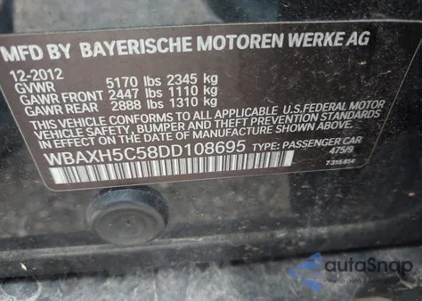 2013 BMW 528I xDrive из США, поврежденный, VIN WBAXH5C58DD108695